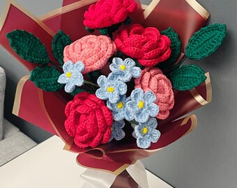 Crochet Flower Bouquet – Handmade Rose & Forget-Me-Not  Flowers Gift