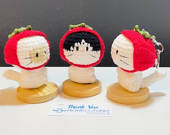 Crochet Cat Strawberry Hat Keychain – Amigurumi Kitty Plush Bag Charm