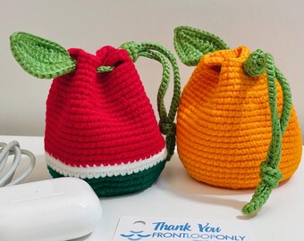 Crochet Orange or Watermelon Pouch – Mini Drawstring Fruit Coin Purse, Earbud Holder