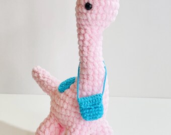 Crochet Brontosaurus Plush with Removable Bag, Kawaii Amigurumi Dinosaur, Nursery Decor