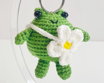 Crochet Frog Keychain with Flower, Kawaii Frog Keyring, Handmade Amigurumi Animal Bag Charm