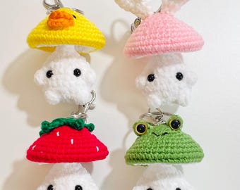 Crochet Baby Mushroom Keychain, Handmade Kawaii Amigurumi Frog, Duck, Bunny Strawberry Bag Charm