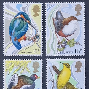 Op de afbeelding: Vier postzegels met gedetailleerde illustraties van vogels: ijsvogel, waterspreeuw, meerkoet en gele kwikstaart. Elke postzegel heeft een silhouet en een prijs. De kleuren zijn helder en de afbeeldingen realistisch.