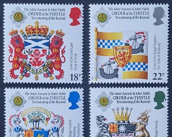 Grande-Bretagne 1987 300e anniversaire de la renaissance de l'ordre du chardon - Série de 4 timbres neufs - collection, création artisanale, collage, découpage, scrapbooking