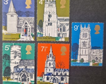 Great Britain 1972 British Architecture Village Churches-  Set of 5 Mint Stamps - collecting, crafting, collage, decoupage, scrapbooking