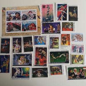 Sellos postales de circo - 25 diferentes - USADOS y sin papel - coleccionismo, manualidades, collage, decoupage, scrapbooking