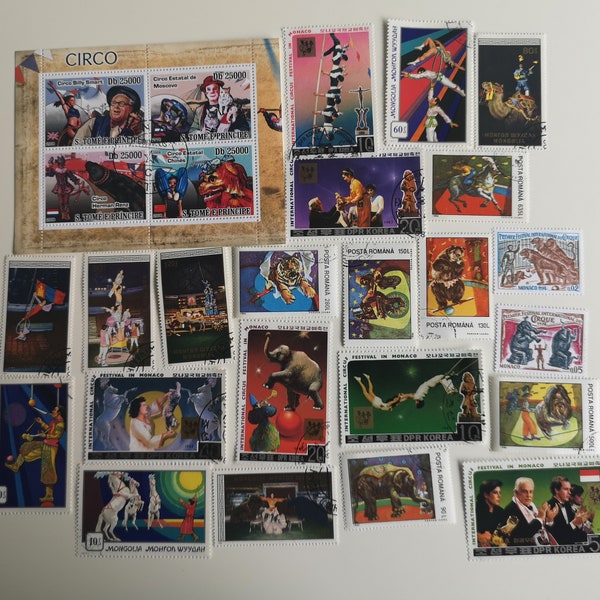 Circus Postage Stamps - 25 different - USED & off paper - collecting, crafting, collage, decoupage, scrapbooking