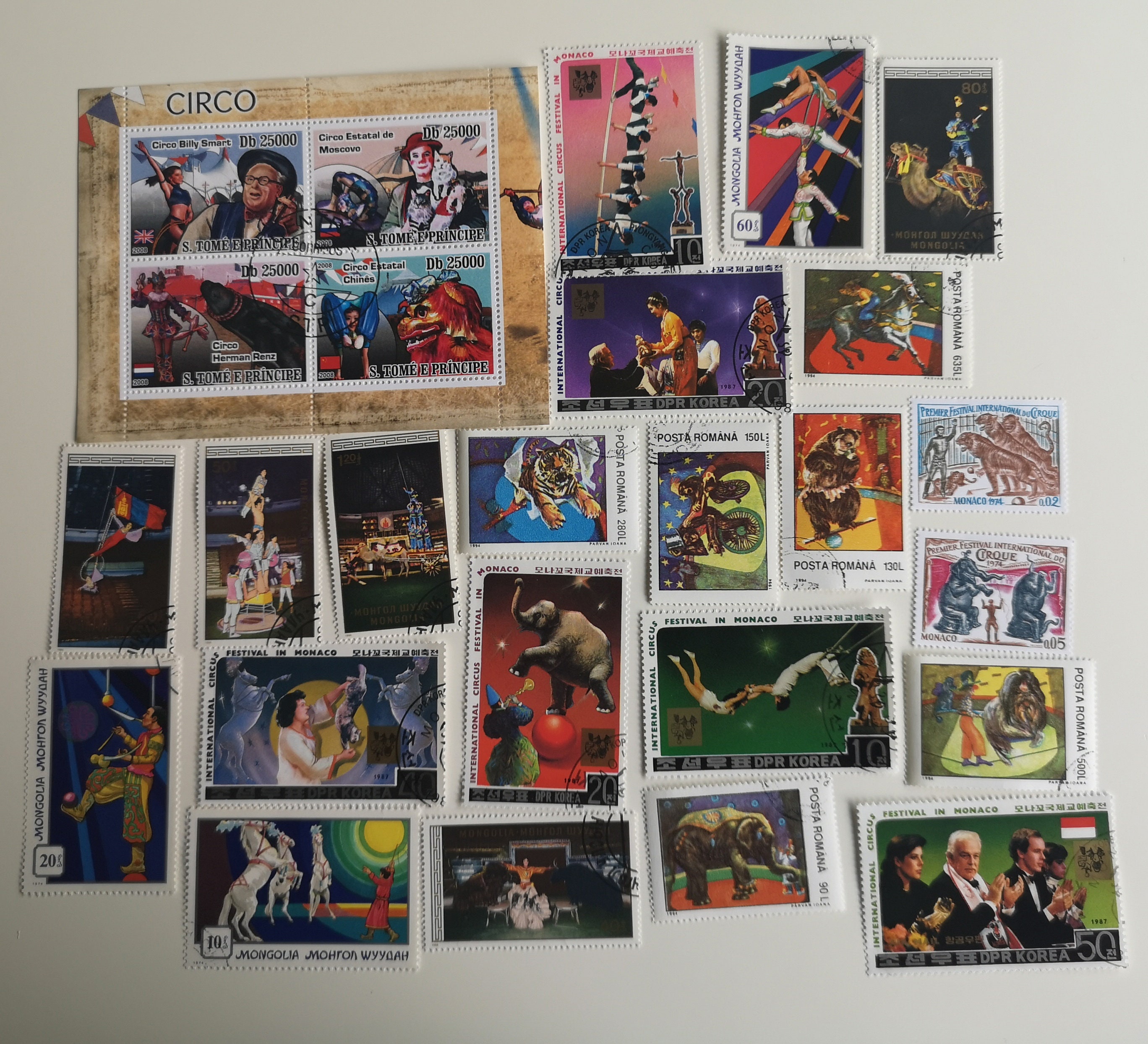 Circus Postage Stamps - 25 different - USED & off paper - collecting, crafting, collage, decoupage, scrapbooking