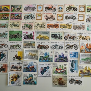 May include: A collection of vintage motorcycle stamps, featuring various models and designs. The stamps showcase motorcycles in different colors and styles, with some including text like "MOTORING 1981" and country names. The stamps are arranged on a white surface.