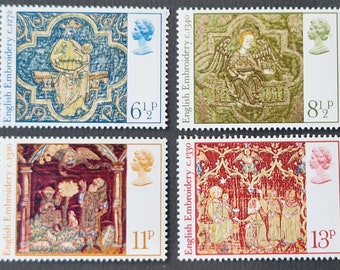 May include: Four postage stamps featuring English embroidery designs. The stamps showcase artwork from c.1272, c.1320, c.1330, and c.1340. Each stamp includes a portrait of Queen Elizabeth II and the text "English Embroidery".