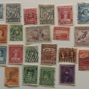 Op de afbeelding: Een verzameling vintage Newfoundland postzegels met verschillende ontwerpen, waaronder een schip, een kariboe, een portret van een vrouw en een vuurtoren. De postzegels zijn in verschillende kleuren, waaronder rood, blauw, groen en bruin.