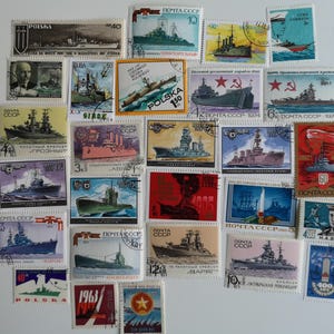 Buques de guerra en sellos postales - USADOS y sin papel - 25 diferentes - coleccionismo, manualidades, collage, decoupage, scrapbooking