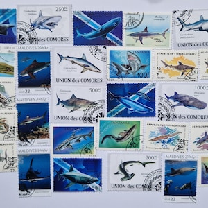 Tiburones en sellos postales - USADOS y sin papel - 25 diferentes - Para coleccionar, hacer manualidades, collage, decoupage, scrapbooking