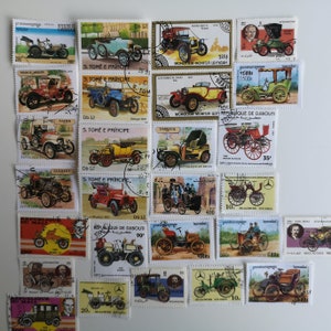 Coches antiguos en sellos postales - USADOS y sin papel - de 25 a 100 diferentes - coleccionismo, manualidades, collage, decoupage, scrapbooking