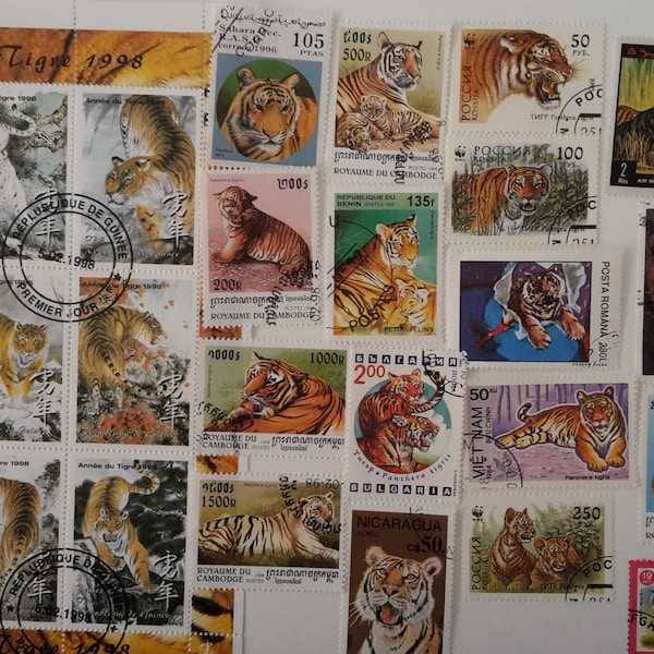 Tigers on Postage Stamps - USED & off paper - 25 different - For collecting, crafting, collage, decoupage, scrapbooking