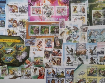 Owls on Postage Stamps - USED & off paper - 50 and 100 different - For collecting, crafting, collage, decoupage, scrapbooking