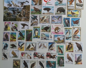 Birds of Prey on Postage Stamps - USED and off paper - 50 and 100 different - For collecting, crafting, collage, decoupage, scrapbooking