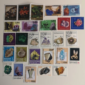Minerales, rocas y fósiles en sellos postales: de 25 a 100 diferentes, USADOS, sin papel: coleccionismo, manualidades, collage, decoupage, scrapbooking