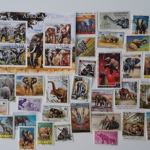 Elefantes en sellos postales - USADOS y sin papel - De 25 a 100 diferentes - Para coleccionar, hacer manualidades, collages, decoupage, scrapbooking