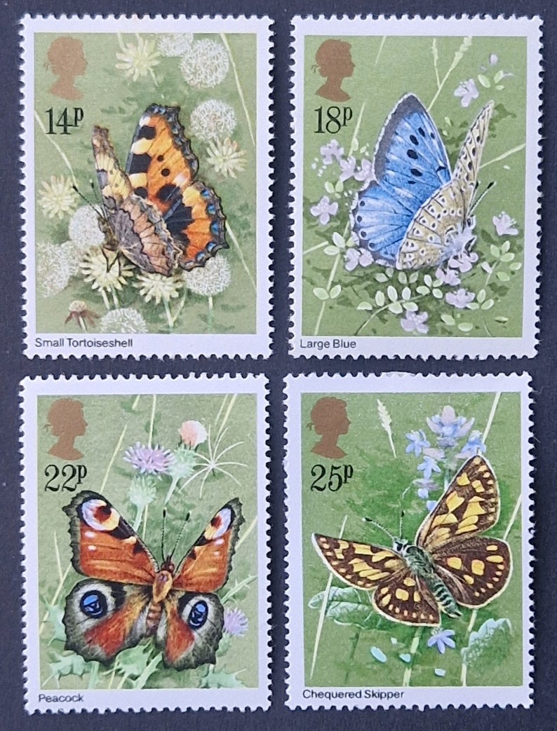 Great Britain 1981 Butterflies Set of 4 Mint Stamps collecting, crafting, collage, decoupage, scrapbooking image 1