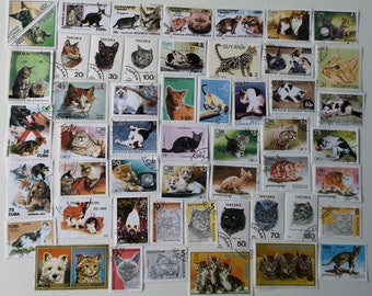 Kattenpostzegels - GEBRUIKT en op papier - 100 tot 500 verschillende beschikbaar - Voor verzamelen, knutselen, collage, decoupage, scrapbooking