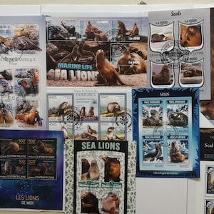 Sellos postales de Seals and Sealions - USADOS y sin papel - 50 diferentes - Para coleccionar, manualidades, collage, decoupage, scrapbooking