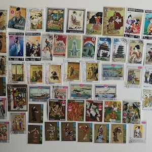 Arte japonés en sellos postales: 50 y 100 diferentes, USADOS y sin papel, para coleccionismo, manualidades, collage, decoupage, scrapbooking