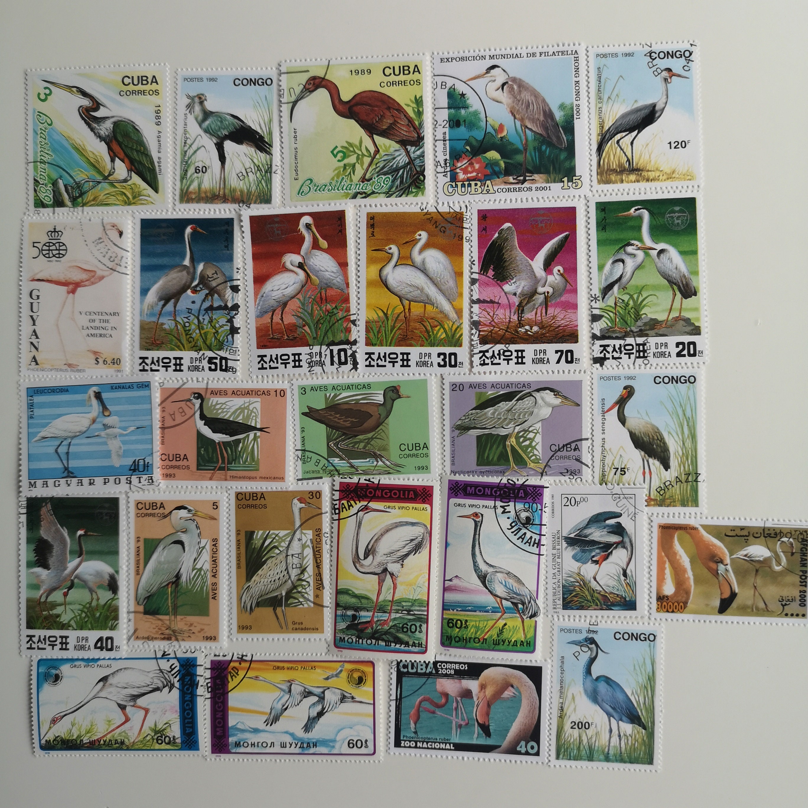 Wading Birds on Postage Stamps - USED & off paper - 25 different - For collecting, crafting, collage, decoupage, scrapbooking