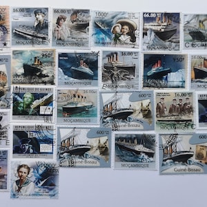 Titanic Ocean Liner en sellos postales - USADO y sin papel - 25 diferentes - Para coleccionar, elaborar, collage, decoupage, scrapbooking