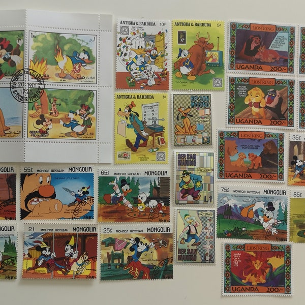 Colección de sellos postales de Walt Disney - 25 a 500 diferentes - USADOS y sin papel - recolección, elaboración, collage, decoupage, scrapbooking