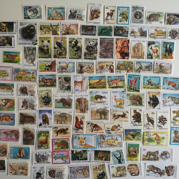 Wild Animals on Postage Stamps - USED & off paper - 100 to 1000 different - For collecting, crafting, collage, decoupage, scrapbooking