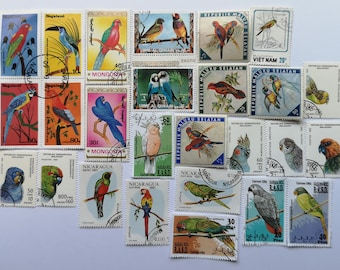 Parrots on Postage Stamps - USED & off paper - 25 and 50 different - For collecting, crafting, collage, decoupage, scrapbooking