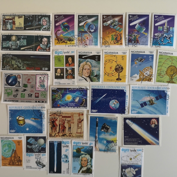 Halley's Comet Postage Stamps - 25 different - USED & off paper - collecting, crafting, collage, decoupage, scrapbooking
