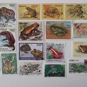 Sellos postales de ranas y sapos: 25 diferentes, USADOS y sin papel: coleccionismo, manualidades, collage, decoupage, scrapbooking