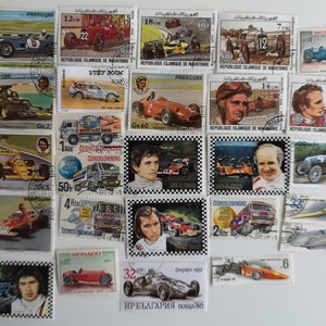 Sellos postales de coches de carreras - USADOS y sin papel- 25 y 50 diferentes - Para coleccionar, elaborar, collage, decoupage, scrapbooking