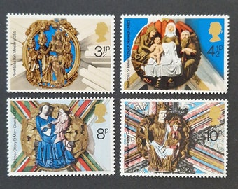 May include: Four vintage postage stamps featuring colorful images of roof bosses from different churches in England. The stamps are from 1972 and feature the denominations 3 1/2p, 4 1/2p, 8p, and 10p.