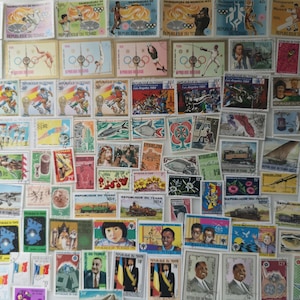 May include: A collection of postage stamps from the Republic of Chad, featuring various designs. The stamps depict Olympic sports, soccer, historical figures, and other cultural elements. The stamps are in various colors and sizes.