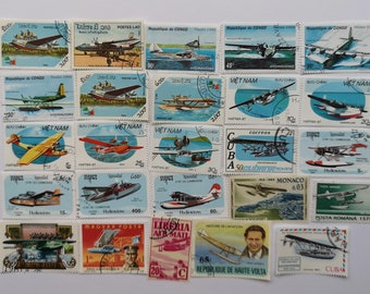 Hydravions sur timbres-poste - OCCASION et hors papier - 25 modèles différents - Pour collectionner, bricoler, collage, découpage, scrapbooking