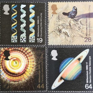 May include: A set of four postage stamps with scientific and historical themes. The stamps show DNA strands, a fossil, a radiating energy pattern, and a planet with rings. Each stamp has a silhouette and text.
