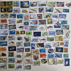 Sellos postales de peces y vida marina - USADOS y sin papel - De 100 a 500 diferentes - Para coleccionar, hacer manualidades, collage, decoupage y scrapbooking