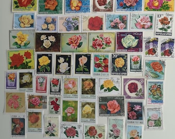 Roses sur des timbres-poste - OCCASION et hors papier - 50 et 100 différents - collection, création artisanale, collage, découpage, scrapbooking