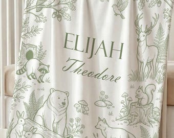 Woodland Animal Blanket Personalized Baby Toile Throw for Kids, Forest Nursery Bedding Girls and Boys, Custom Name Blanket, Baby Shower Gift