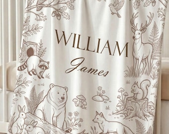 Personalized Woodland Toile Baby Blanket, Woodland Nursery Decor, Forest Animal Name Blanket, Custom Coming Home Blanket Boy, Baby Gift