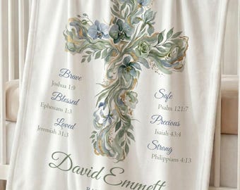 Personalized Baptism Blanket for Boy, Christening Baby Blanket, Green Cross Minky Name Blanket, Custom Baptism Gift for Boys