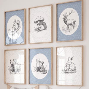 May include: A set of six rectangular wall art prints in light wooden frames, each featuring a circular white center with a black and white sketch of a woodland animal, including a squirrel, hedgehog, deer, bear, fox, and rabbit on blue backgrounds.