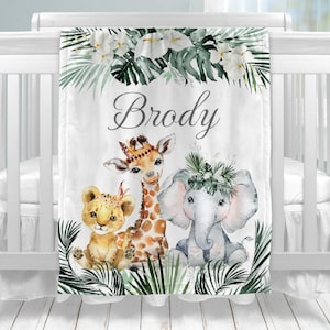 Personalized Baby Boy Blanket - Safari Jungle Baby Name Blanket | Custom Newborn Baby Shower Gift for Boys, Minky Blanket for Kids Toddlers