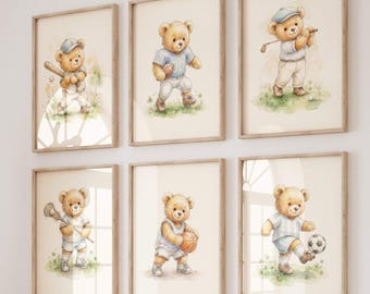Teddybeer sport kinderkamer muur kunst set van 6, vintage aquarel babyjongen prints, honkbal voetbal basketbal golf voetbal lacrosse