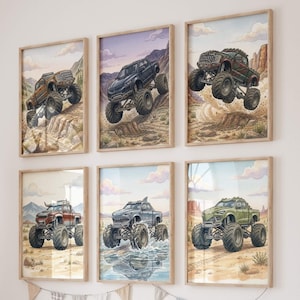 May include: A set of six framed wall art prints featuring illustrations of monster trucks in various colors and desert landscapes. Each vertical print displays a different truck model navigating rocky terrain, splashing through water, or jumping.