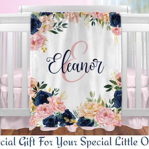 Pink and Navy Floral Baby Blanket Personalized with Name - Custom Baby Shower Gift | Monogrammed Nursery Decor for Newborn, Infant, Toddler