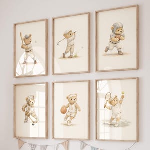 Vintage Teddy Bear Sports Nursery Prints Set, Baby Boy Room Wall Art, Bears Poster Bundle for Toddler Decor